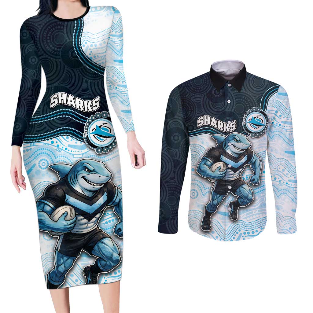 Custom Sharks Couples Matching Long Sleeve Bodycon Dress and Long Sleeve Button Shirt Fish Mascot With Aboriginal Indigenous