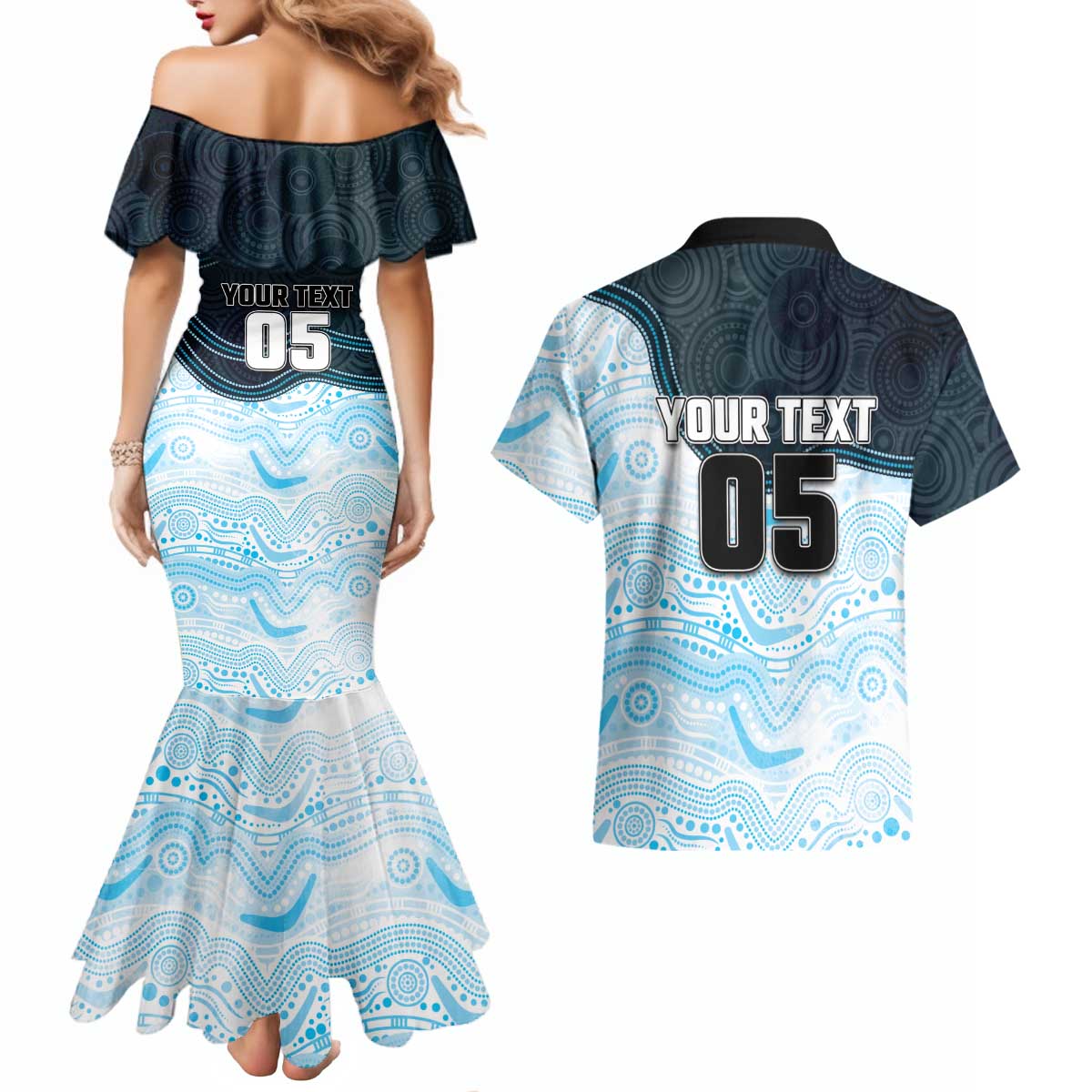 Custom Sharks Couples Matching Mermaid Dress and Hawaiian Shirt Fish Mascot With Aboriginal Indigenous