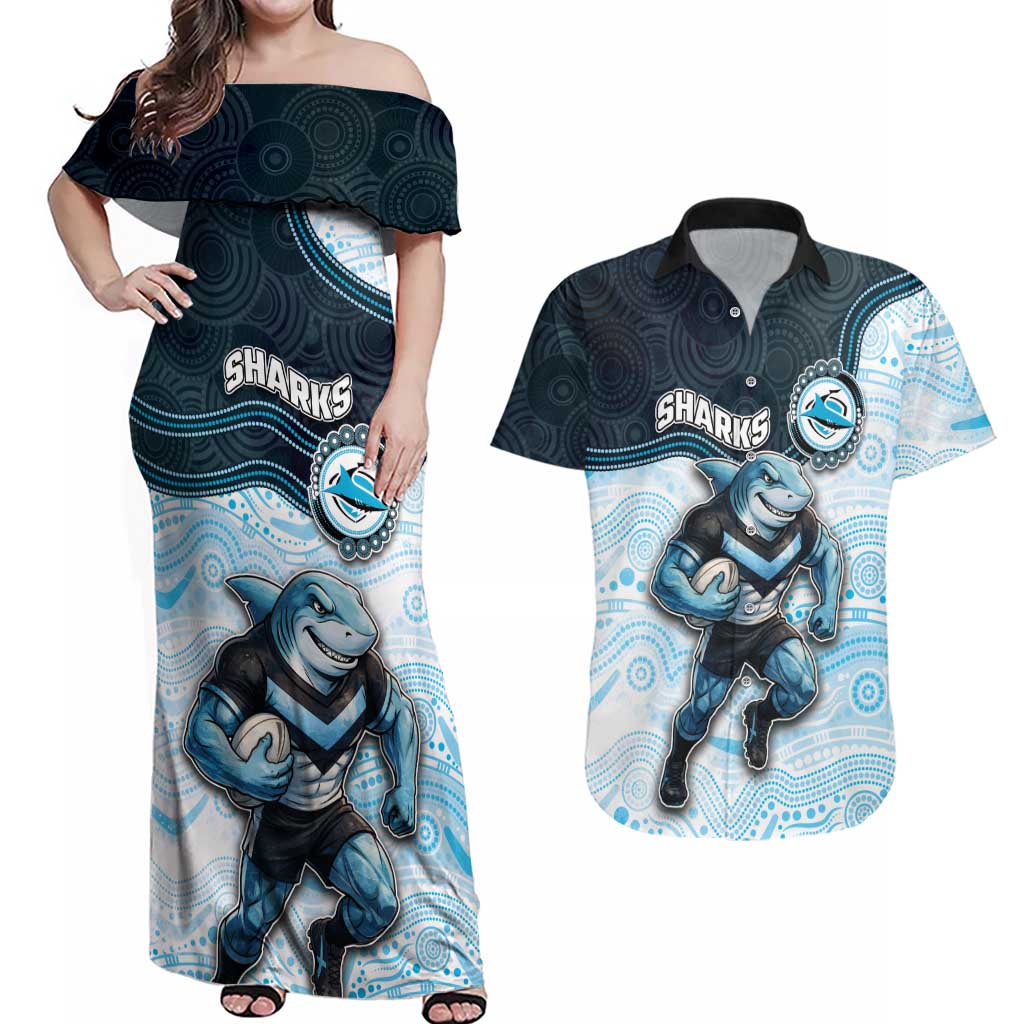 Custom Sharks Couples Matching Off Shoulder Maxi Dress and Hawaiian Shirt Fish Mascot With Aboriginal Indigenous