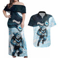 Custom Sharks Couples Matching Off Shoulder Maxi Dress and Hawaiian Shirt Fish Mascot With Aboriginal Indigenous