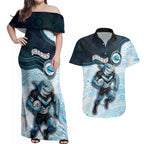 Custom Sharks Couples Matching Off Shoulder Maxi Dress and Hawaiian Shirt Fish Mascot With Aboriginal Indigenous