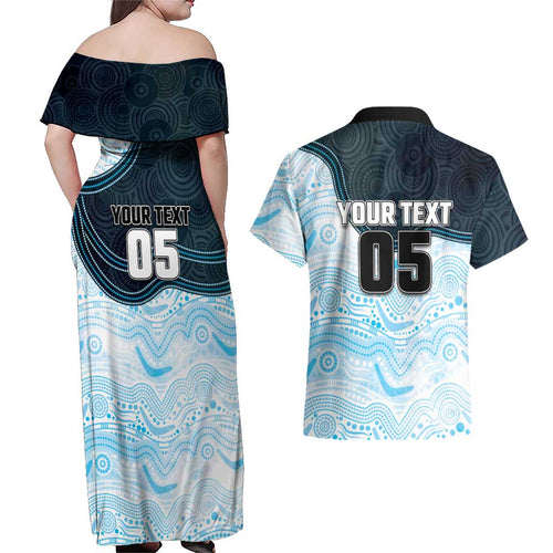 Custom Sharks Couples Matching Off Shoulder Maxi Dress and Hawaiian Shirt Fish Mascot With Aboriginal Indigenous