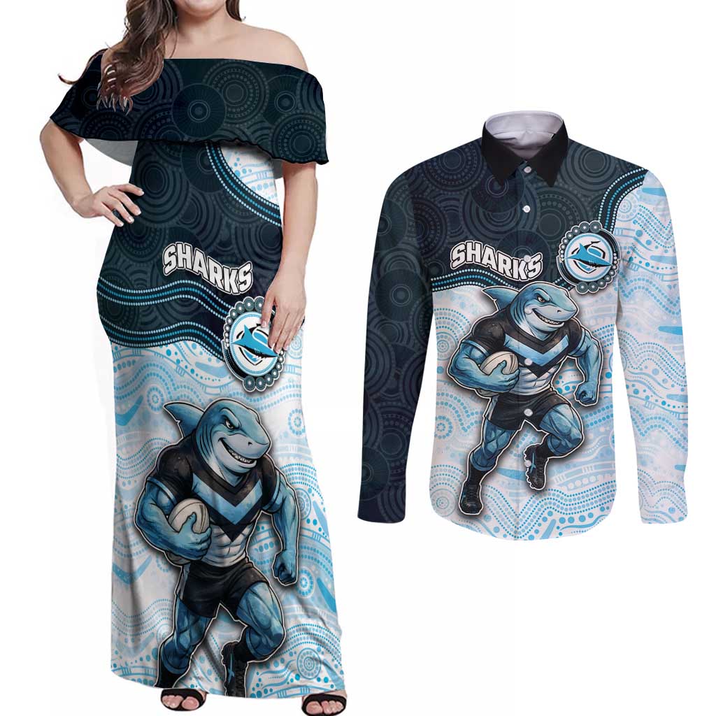 Custom Sharks Couples Matching Off Shoulder Maxi Dress and Long Sleeve Button Shirt Fish Mascot With Aboriginal Indigenous