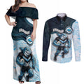 Custom Sharks Couples Matching Off Shoulder Maxi Dress and Long Sleeve Button Shirt Fish Mascot With Aboriginal Indigenous