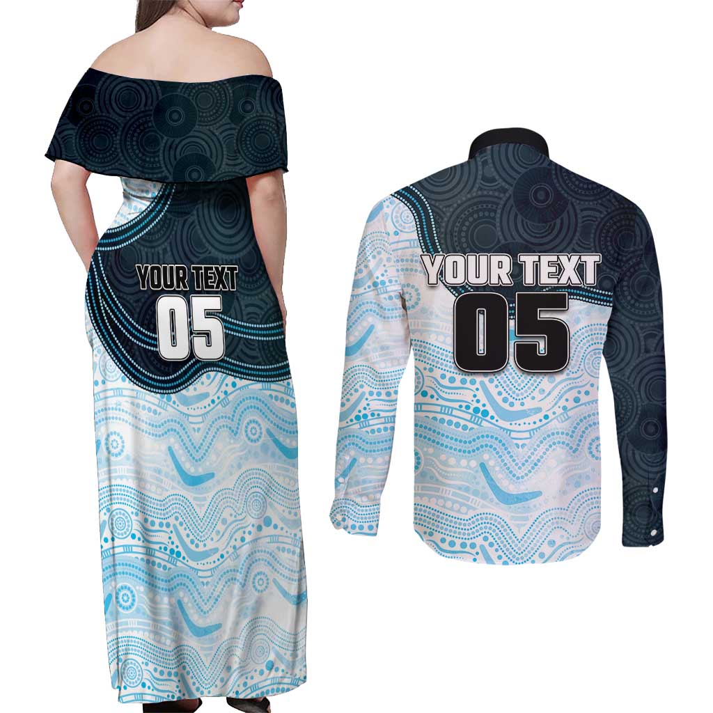 Custom Sharks Couples Matching Off Shoulder Maxi Dress and Long Sleeve Button Shirt Fish Mascot With Aboriginal Indigenous