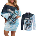 Custom Sharks Couples Matching Off Shoulder Short Dress and Long Sleeve Button Shirt Fish Mascot With Aboriginal Indigenous