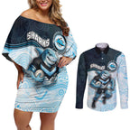 Custom Sharks Couples Matching Off Shoulder Short Dress and Long Sleeve Button Shirt Fish Mascot With Aboriginal Indigenous