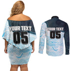 Custom Sharks Couples Matching Off Shoulder Short Dress and Long Sleeve Button Shirt Fish Mascot With Aboriginal Indigenous