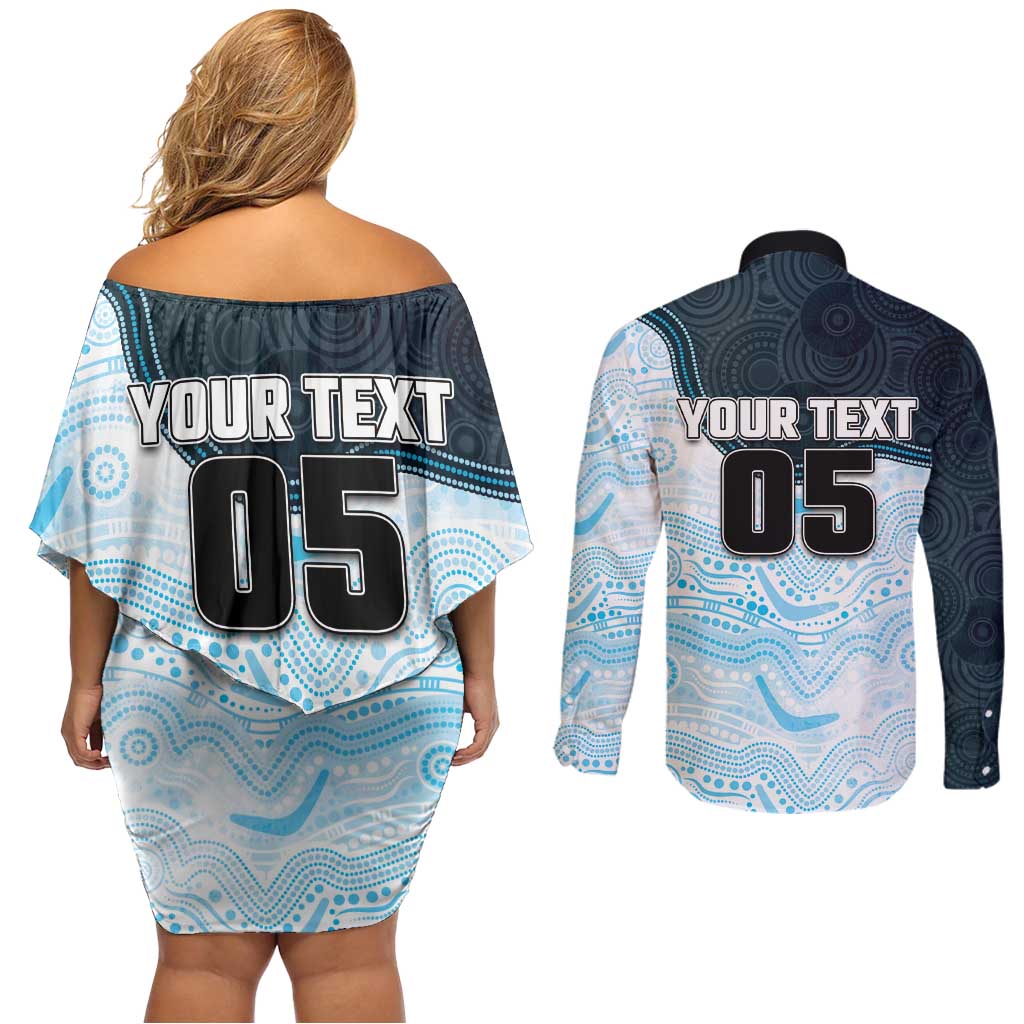Custom Sharks Couples Matching Off Shoulder Short Dress and Long Sleeve Button Shirt Fish Mascot With Aboriginal Indigenous