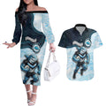 Custom Sharks Couples Matching Off The Shoulder Long Sleeve Dress and Hawaiian Shirt Fish Mascot With Aboriginal Indigenous