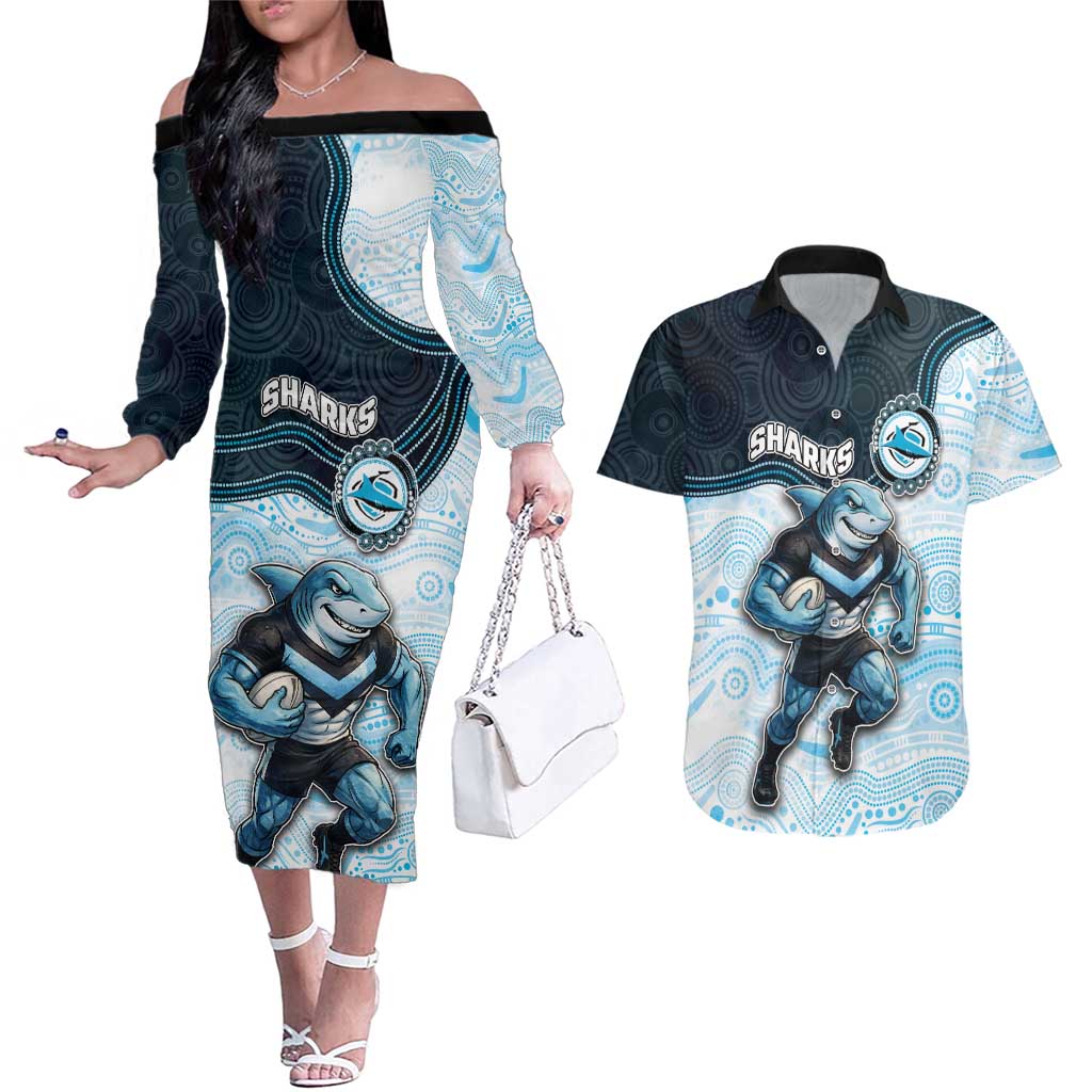 Custom Sharks Couples Matching Off The Shoulder Long Sleeve Dress and Hawaiian Shirt Fish Mascot With Aboriginal Indigenous