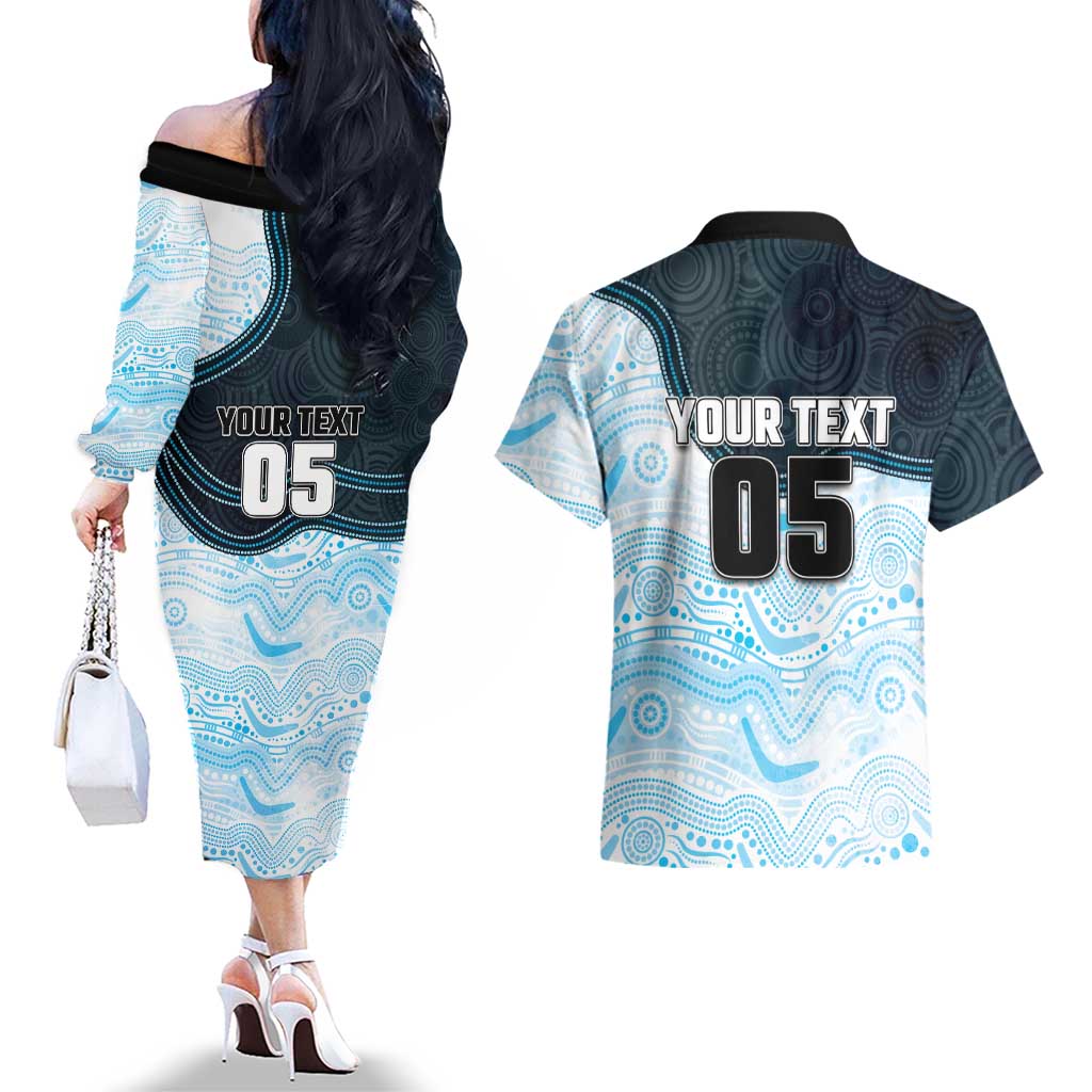 Custom Sharks Couples Matching Off The Shoulder Long Sleeve Dress and Hawaiian Shirt Fish Mascot With Aboriginal Indigenous