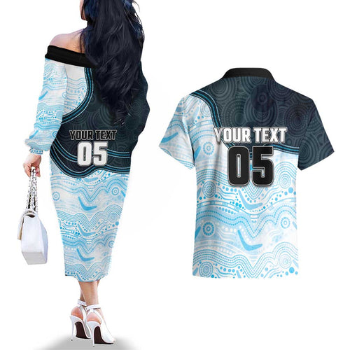 Custom Sharks Couples Matching Off The Shoulder Long Sleeve Dress and Hawaiian Shirt Fish Mascot With Aboriginal Indigenous