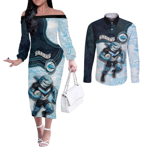 Custom Sharks Couples Matching Off The Shoulder Long Sleeve Dress and Long Sleeve Button Shirt Fish Mascot With Aboriginal Indigenous
