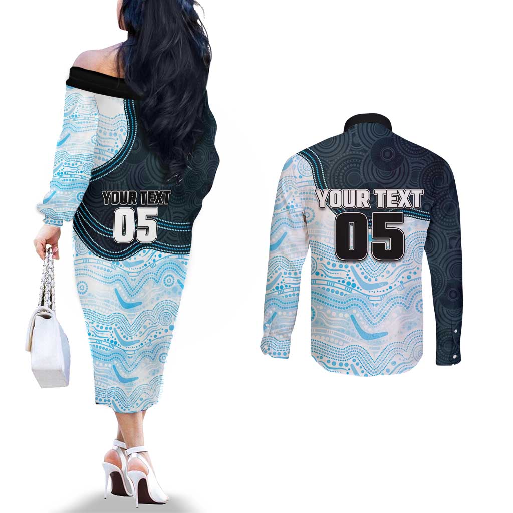 Custom Sharks Couples Matching Off The Shoulder Long Sleeve Dress and Long Sleeve Button Shirt Fish Mascot With Aboriginal Indigenous
