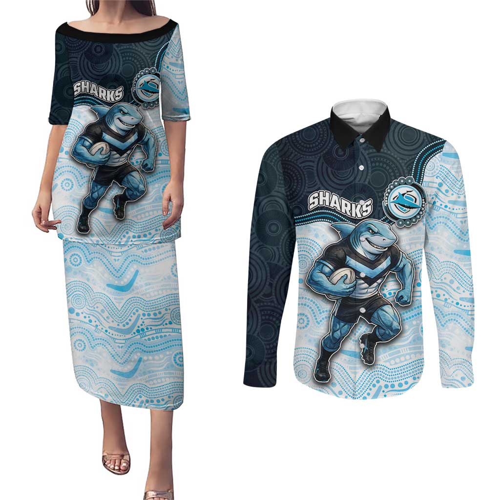Custom Sharks Couples Matching Puletasi and Long Sleeve Button Shirt Fish Mascot With Aboriginal Indigenous