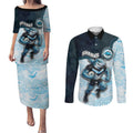 Custom Sharks Couples Matching Puletasi and Long Sleeve Button Shirt Fish Mascot With Aboriginal Indigenous