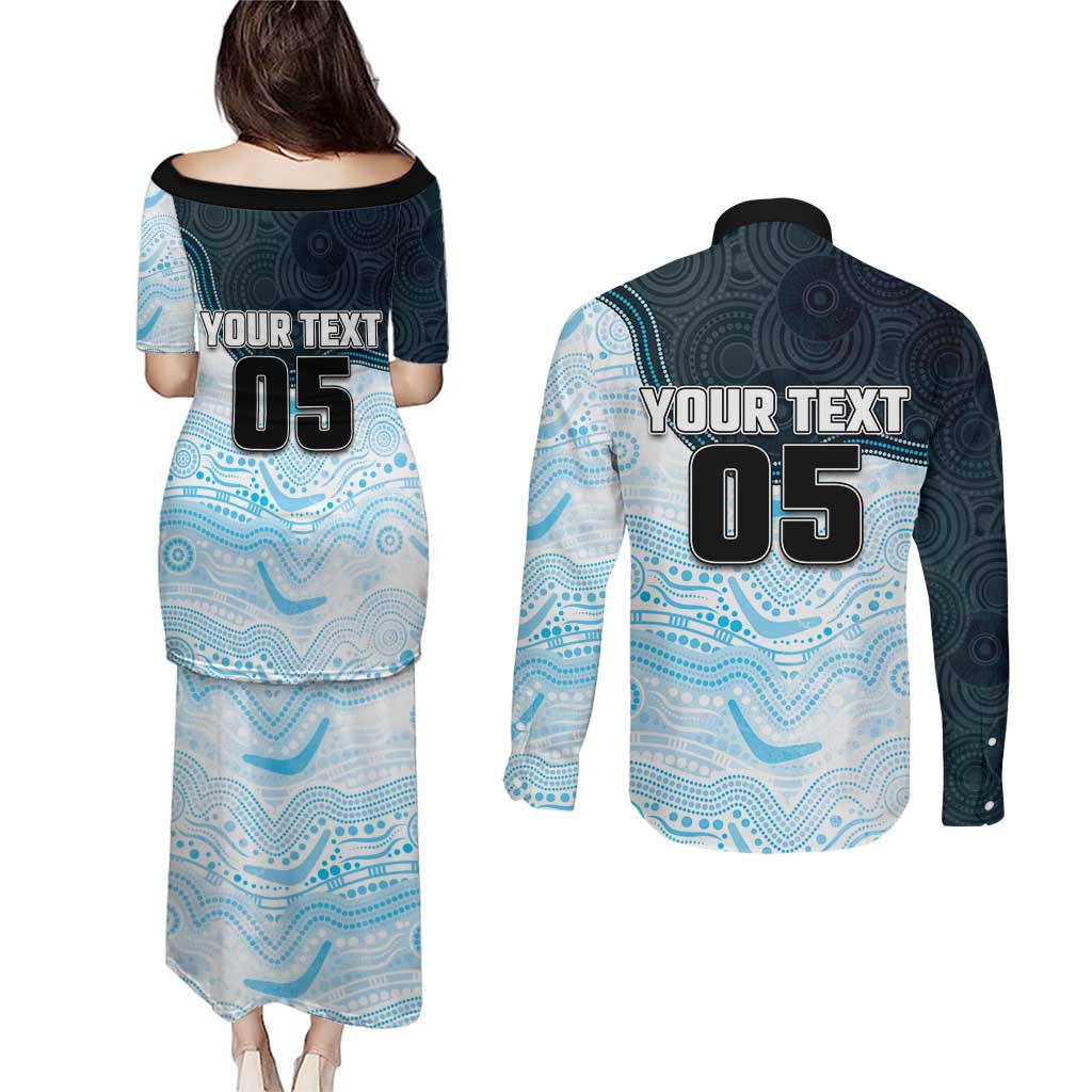 Custom Sharks Couples Matching Puletasi and Long Sleeve Button Shirt Fish Mascot With Aboriginal Indigenous