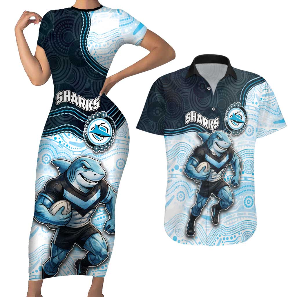 Custom Sharks Couples Matching Short Sleeve Bodycon Dress and Hawaiian Shirt Fish Mascot With Aboriginal Indigenous
