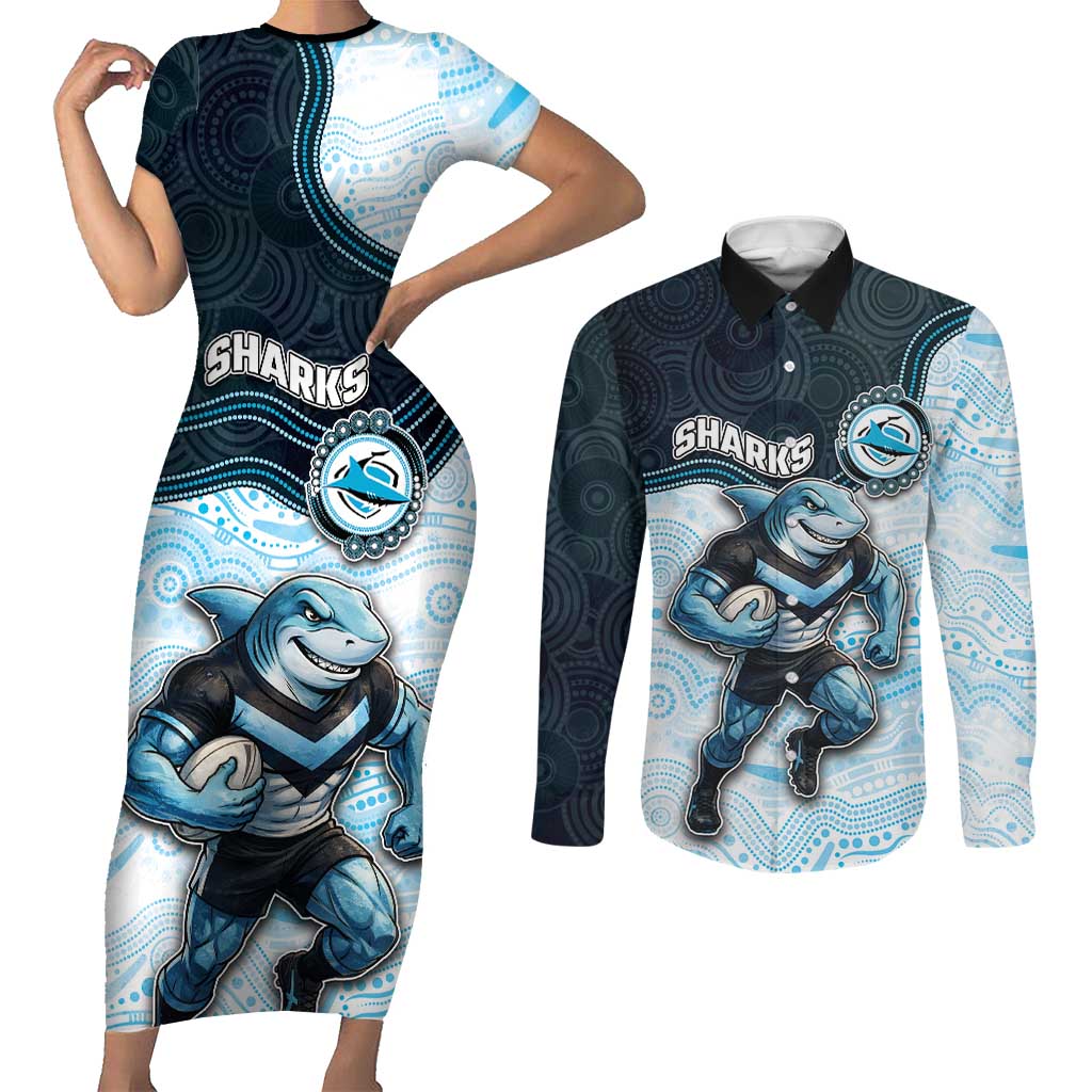 Custom Sharks Couples Matching Short Sleeve Bodycon Dress and Long Sleeve Button Shirt Fish Mascot With Aboriginal Indigenous