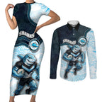 Custom Sharks Couples Matching Short Sleeve Bodycon Dress and Long Sleeve Button Shirt Fish Mascot With Aboriginal Indigenous