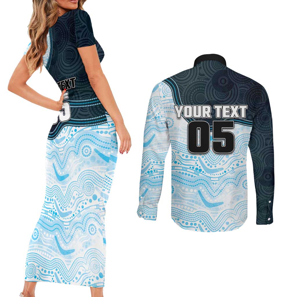 Custom Sharks Couples Matching Short Sleeve Bodycon Dress and Long Sleeve Button Shirt Fish Mascot With Aboriginal Indigenous