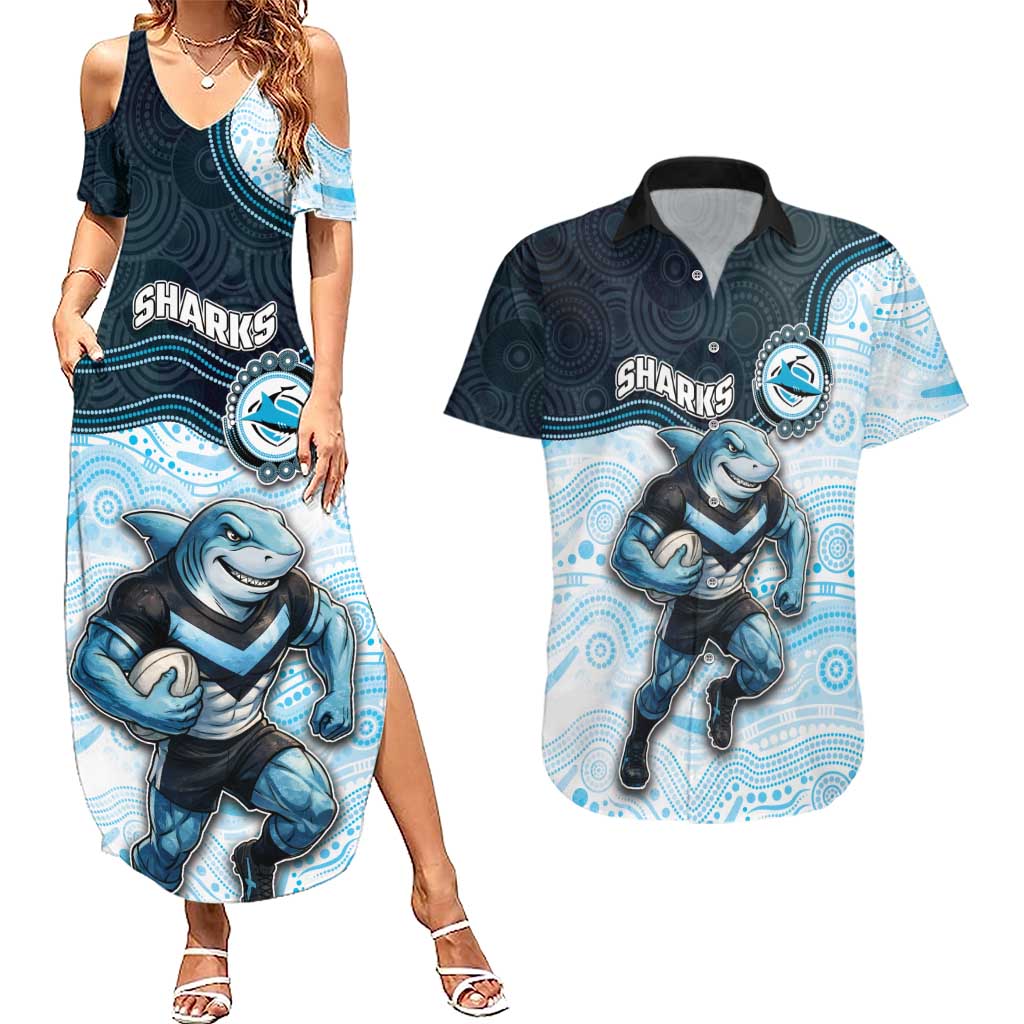 Custom Sharks Couples Matching Summer Maxi Dress and Hawaiian Shirt Fish Mascot With Aboriginal Indigenous