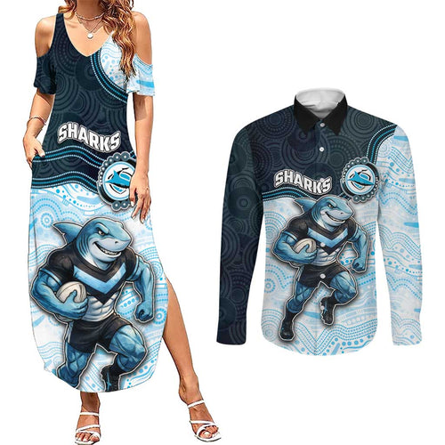 Custom Sharks Couples Matching Summer Maxi Dress and Long Sleeve Button Shirt Fish Mascot With Aboriginal Indigenous