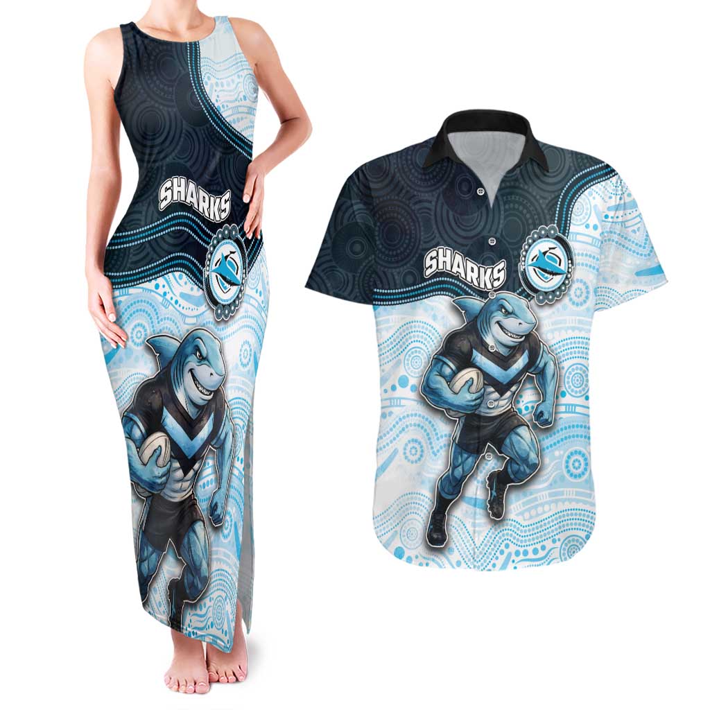 Custom Sharks Couples Matching Tank Maxi Dress and Hawaiian Shirt Fish Mascot With Aboriginal Indigenous
