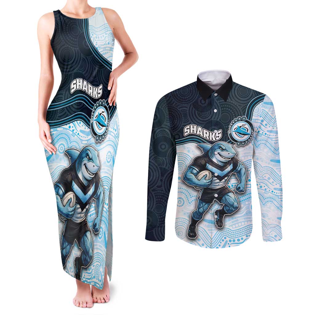 Custom Sharks Couples Matching Tank Maxi Dress and Long Sleeve Button Shirt Fish Mascot With Aboriginal Indigenous