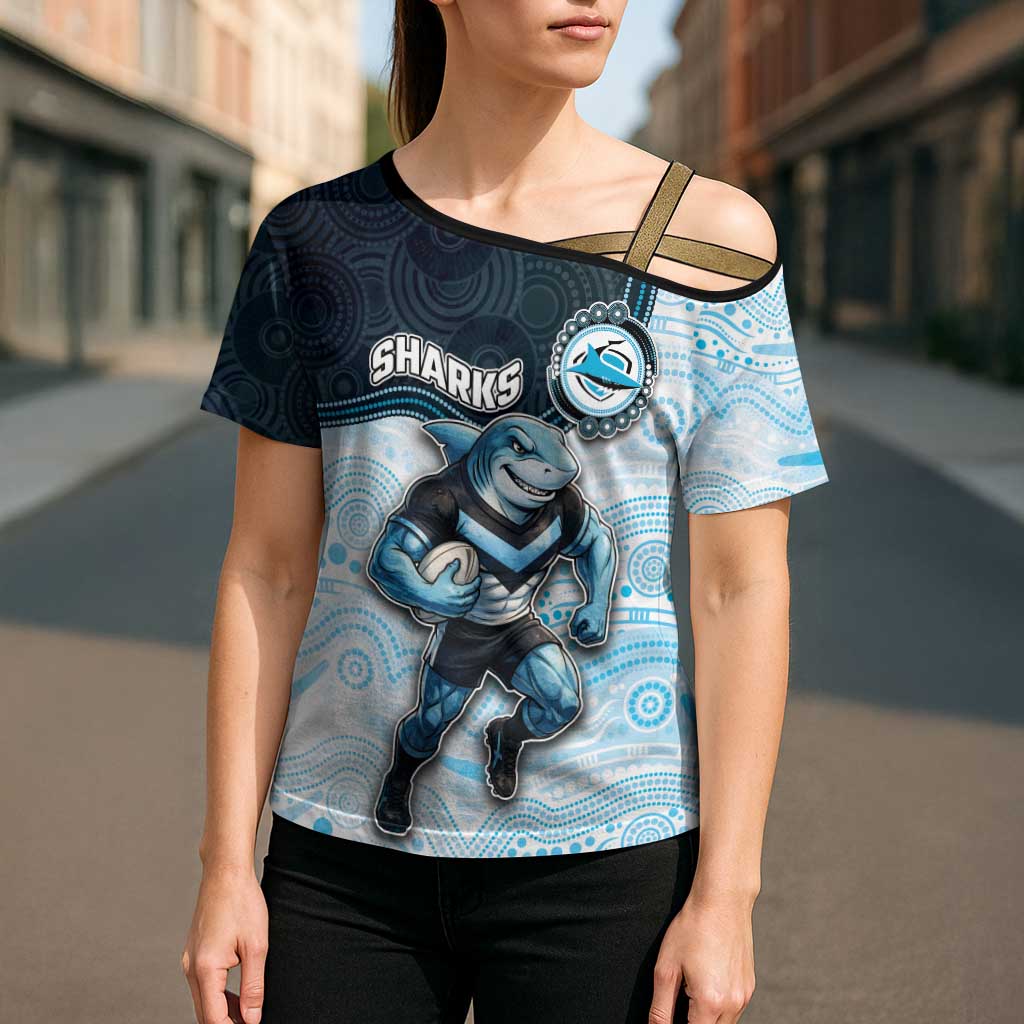 Custom Sharks Cross Shoulder Shirt Fish Mascot With Aboriginal Indigenous