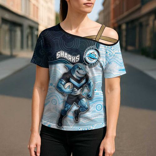 Custom Sharks Cross Shoulder Shirt Fish Mascot With Aboriginal Indigenous