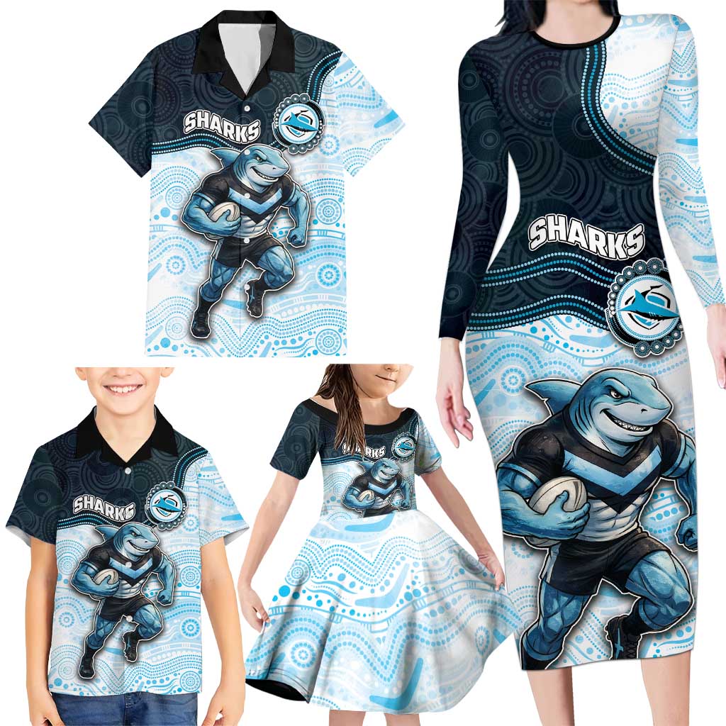 Custom Sharks Family Matching Long Sleeve Bodycon Dress and Hawaiian Shirt Fish Mascot With Aboriginal Indigenous