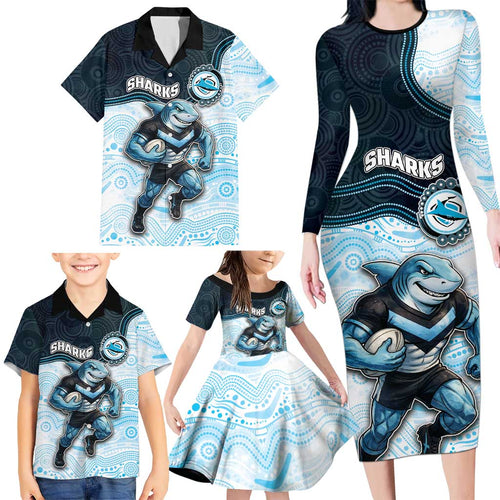 Custom Sharks Family Matching Long Sleeve Bodycon Dress and Hawaiian Shirt Fish Mascot With Aboriginal Indigenous