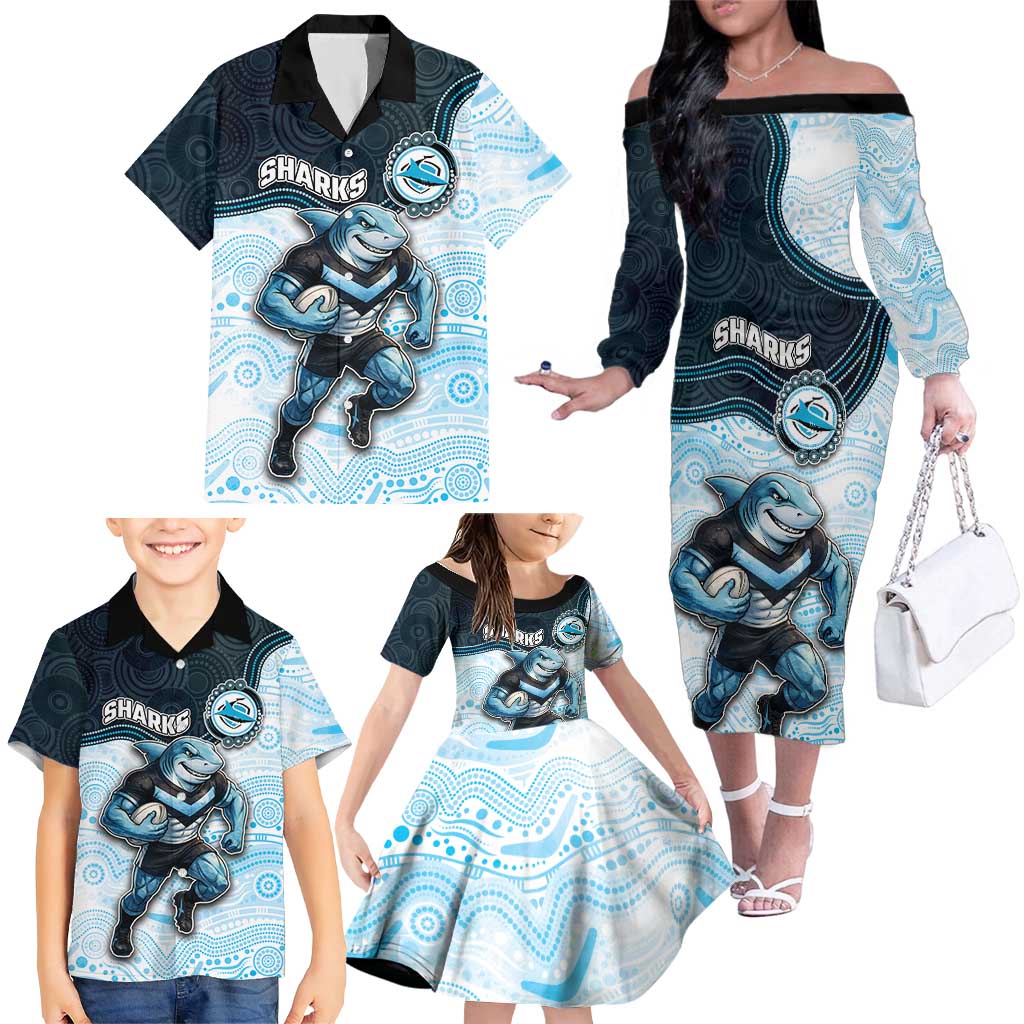 Custom Sharks Family Matching Off The Shoulder Long Sleeve Dress and Hawaiian Shirt Fish Mascot With Aboriginal Indigenous