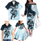 Custom Sharks Family Matching Off The Shoulder Long Sleeve Dress and Hawaiian Shirt Fish Mascot With Aboriginal Indigenous