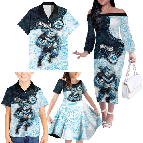 Custom Sharks Family Matching Off The Shoulder Long Sleeve Dress and Hawaiian Shirt Fish Mascot With Aboriginal Indigenous