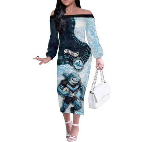 Custom Sharks Family Matching Off The Shoulder Long Sleeve Dress and Hawaiian Shirt Fish Mascot With Aboriginal Indigenous