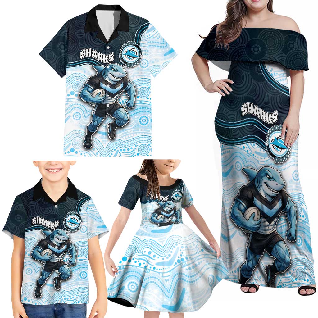 Custom Sharks Family Matching Off Shoulder Maxi Dress and Hawaiian Shirt Fish Mascot With Aboriginal Indigenous