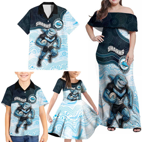 Custom Sharks Family Matching Off Shoulder Maxi Dress and Hawaiian Shirt Fish Mascot With Aboriginal Indigenous