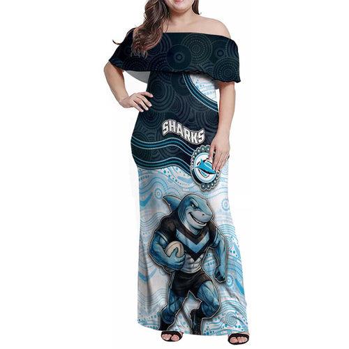 Custom Sharks Family Matching Off Shoulder Maxi Dress and Hawaiian Shirt Fish Mascot With Aboriginal Indigenous