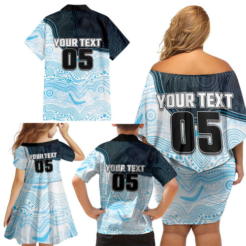 Custom Sharks Family Matching Off Shoulder Short Dress and Hawaiian Shirt Fish Mascot With Aboriginal Indigenous