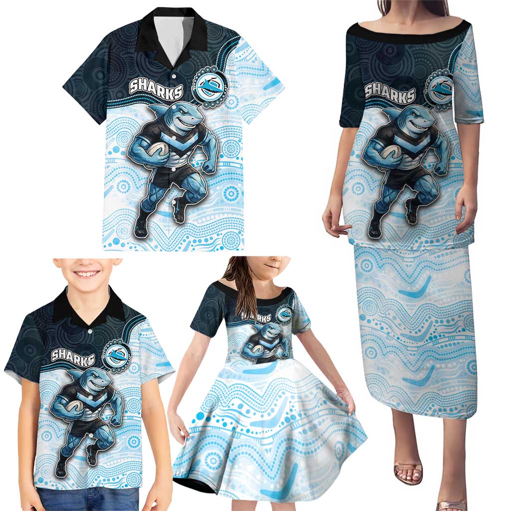 Custom Sharks Family Matching Puletasi and Hawaiian Shirt Fish Mascot With Aboriginal Indigenous