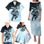 Custom Sharks Family Matching Puletasi and Hawaiian Shirt Fish Mascot With Aboriginal Indigenous