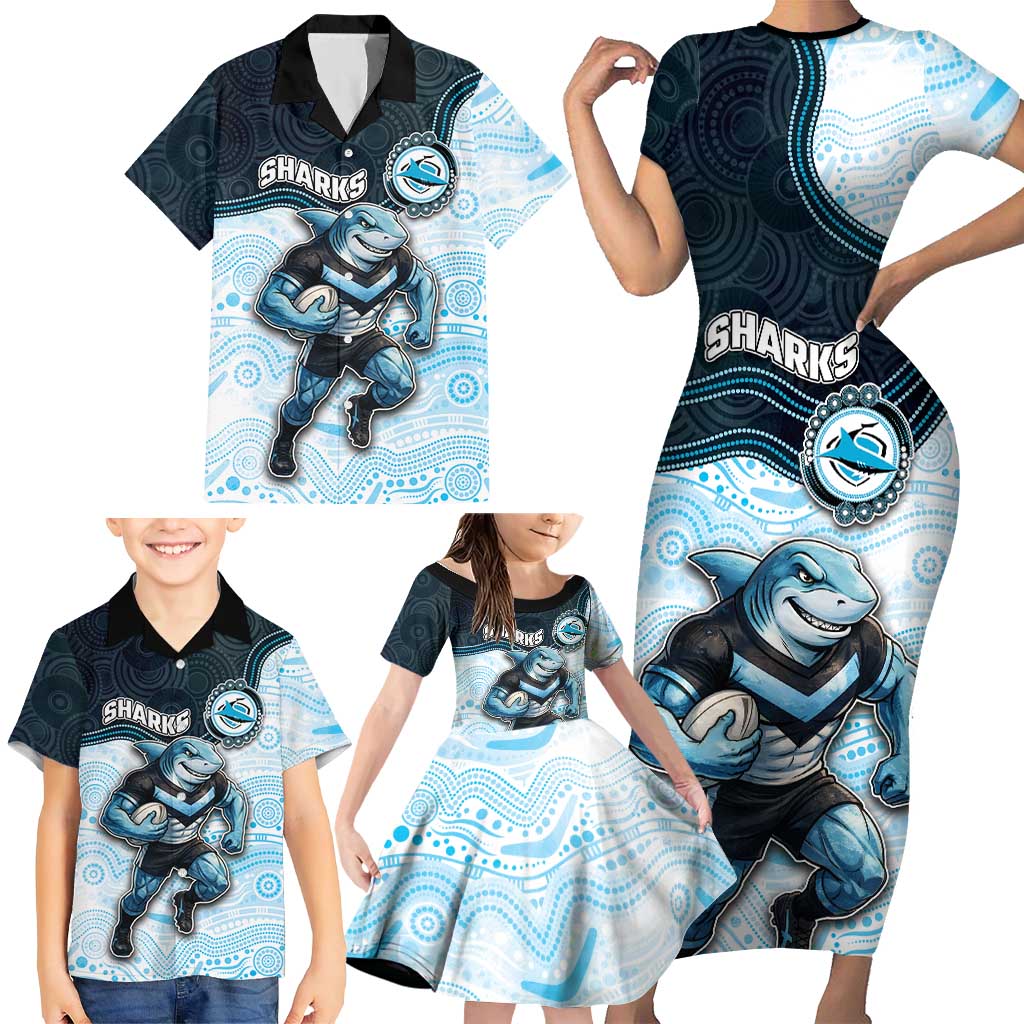 Custom Sharks Family Matching Short Sleeve Bodycon Dress and Hawaiian Shirt Fish Mascot With Aboriginal Indigenous