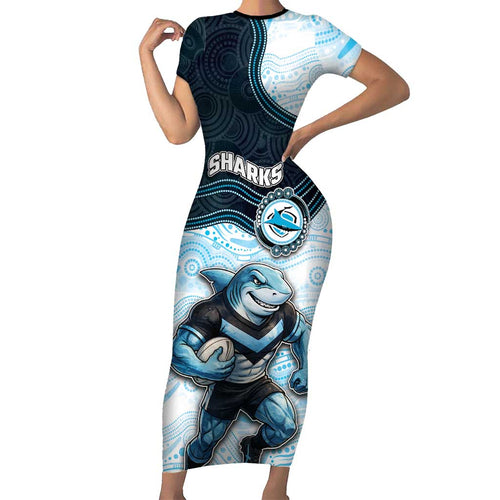 Custom Sharks Family Matching Short Sleeve Bodycon Dress and Hawaiian Shirt Fish Mascot With Aboriginal Indigenous