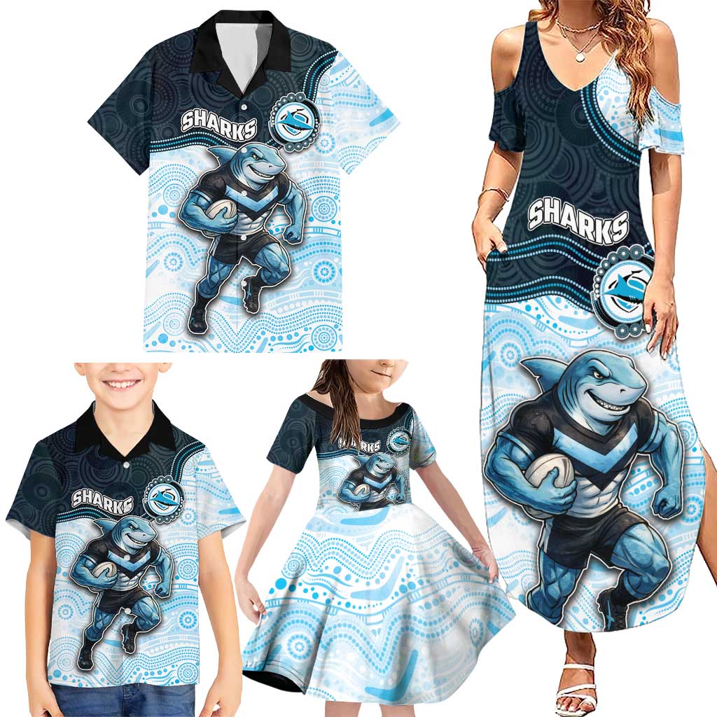Custom Sharks Family Matching Summer Maxi Dress and Hawaiian Shirt Fish Mascot With Aboriginal Indigenous