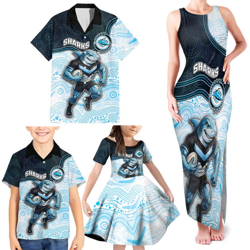 Custom Sharks Family Matching Tank Maxi Dress and Hawaiian Shirt Fish Mascot With Aboriginal Indigenous