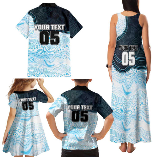 Custom Sharks Family Matching Tank Maxi Dress and Hawaiian Shirt Fish Mascot With Aboriginal Indigenous