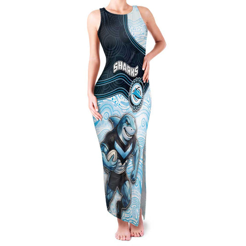Custom Sharks Family Matching Tank Maxi Dress and Hawaiian Shirt Fish Mascot With Aboriginal Indigenous